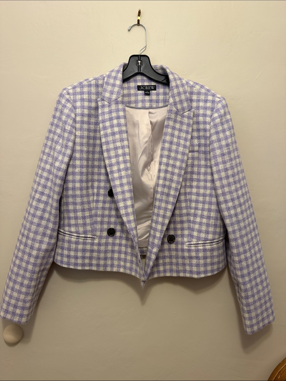 J. Crew Lavender and White Gingham Cropped Blazer